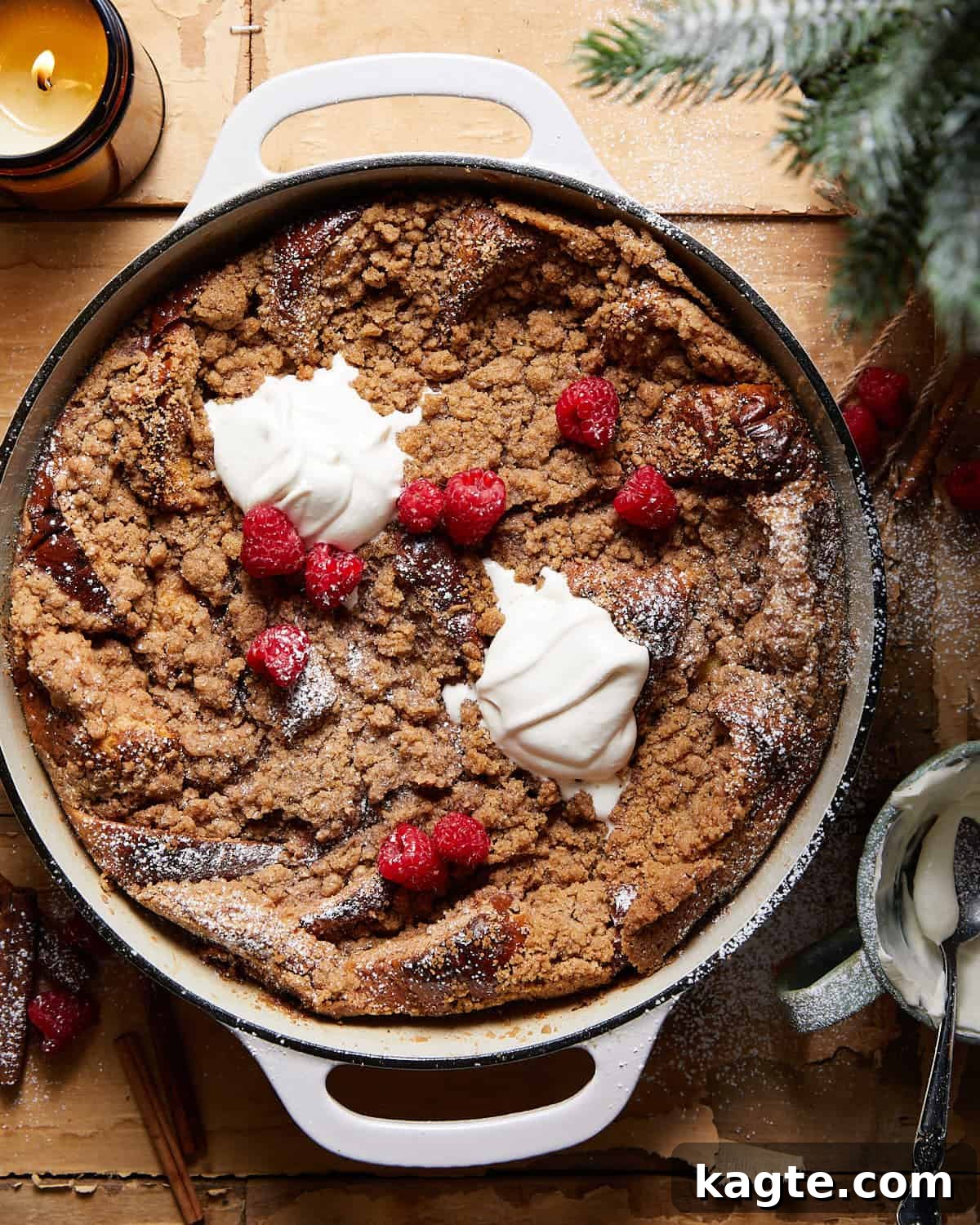 Ultimate Brioche French Toast Bake 2 Overhead image of brioche french toast casserole in white pan.