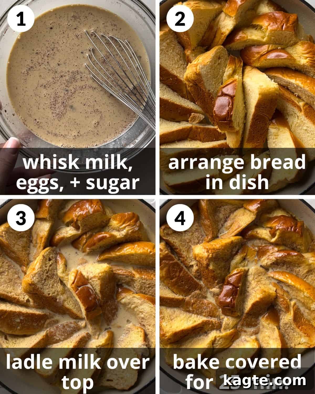 Ultimate Brioche French Toast Bake 4 A 4 photo collage showing the assembly of brioche for brioche french toast casserole.