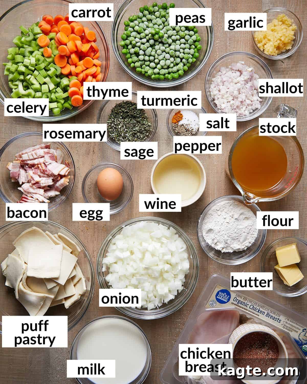 Golden Flaky Chicken Pot Pie 3 Image of ingredients needed to make chicken pot pie with puff pastry: chicken breast, bacon, butter, carrots, celery, onion, shallot, garlic, herbs, wine, flour, chicken stock, milk, frozen peas, puff pastry, egg, water.