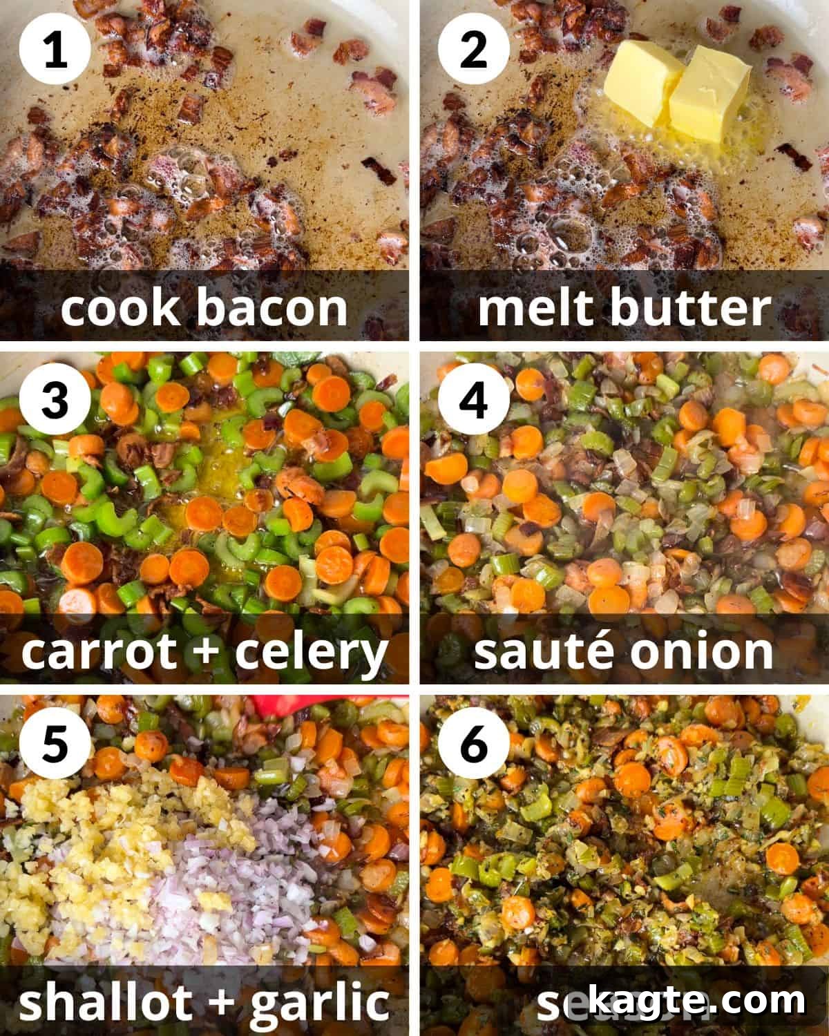 Golden Flaky Chicken Pot Pie 4 A 6 photo collage showing the assembly of chicken pot pie with puff pastry. Steps include cooking bacon, adding vegetables, seasoning, and making the creamy filling.