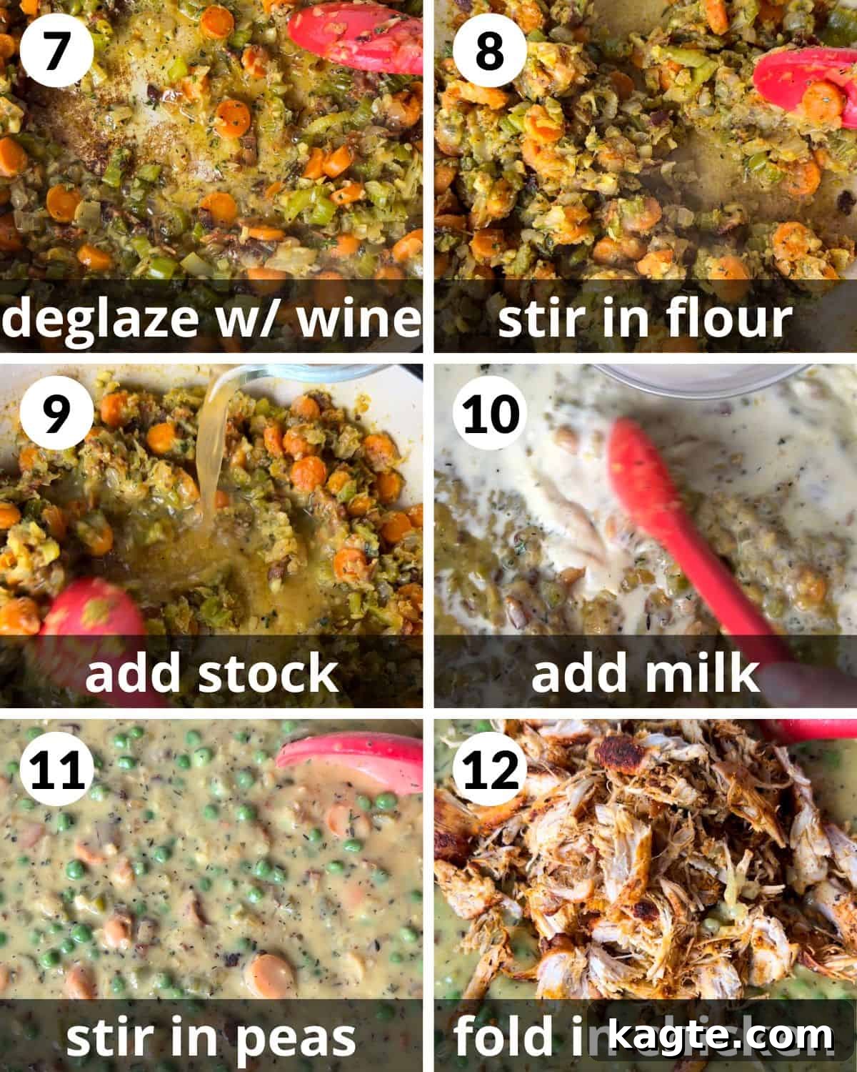 Golden Flaky Chicken Pot Pie 5 A 6 photo collage showing the assembly of ingredients for chicken pot pie puff pastry. Steps include deglazing with wine, adding flour, chicken broth, milk, peas, and shredded chicken.