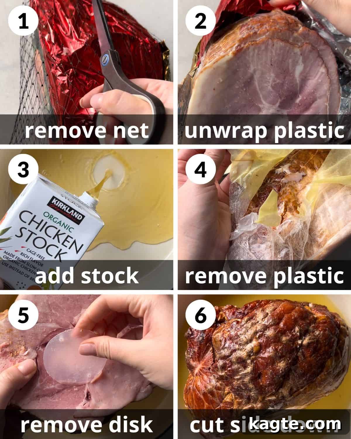 Your Go-To Recipe for Juicy Spiral Ham 4 A six-photo collage illustrating the initial steps of preparing a spiral ham for oven baking, including unwrapping and pan preparation.