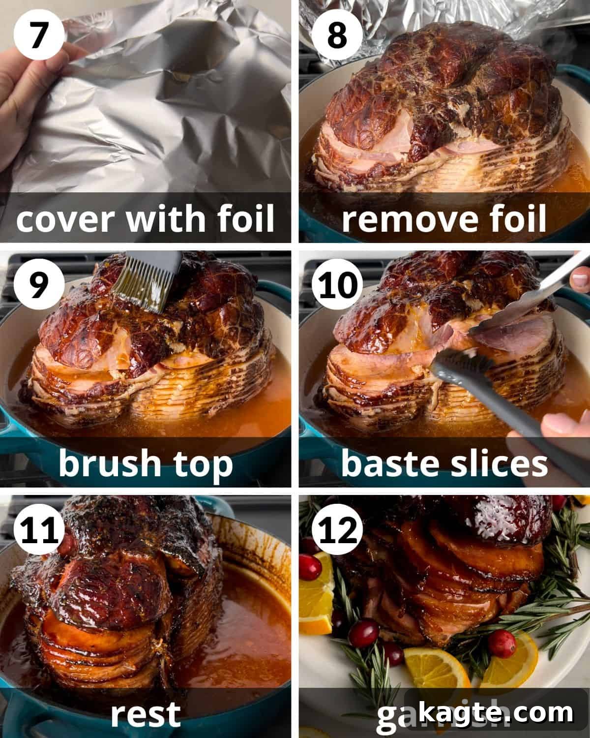 Your Go-To Recipe for Juicy Spiral Ham 5 A six-photo collage demonstrating the final stages of cooking a spiral ham, including glazing and basting for a perfect finish.