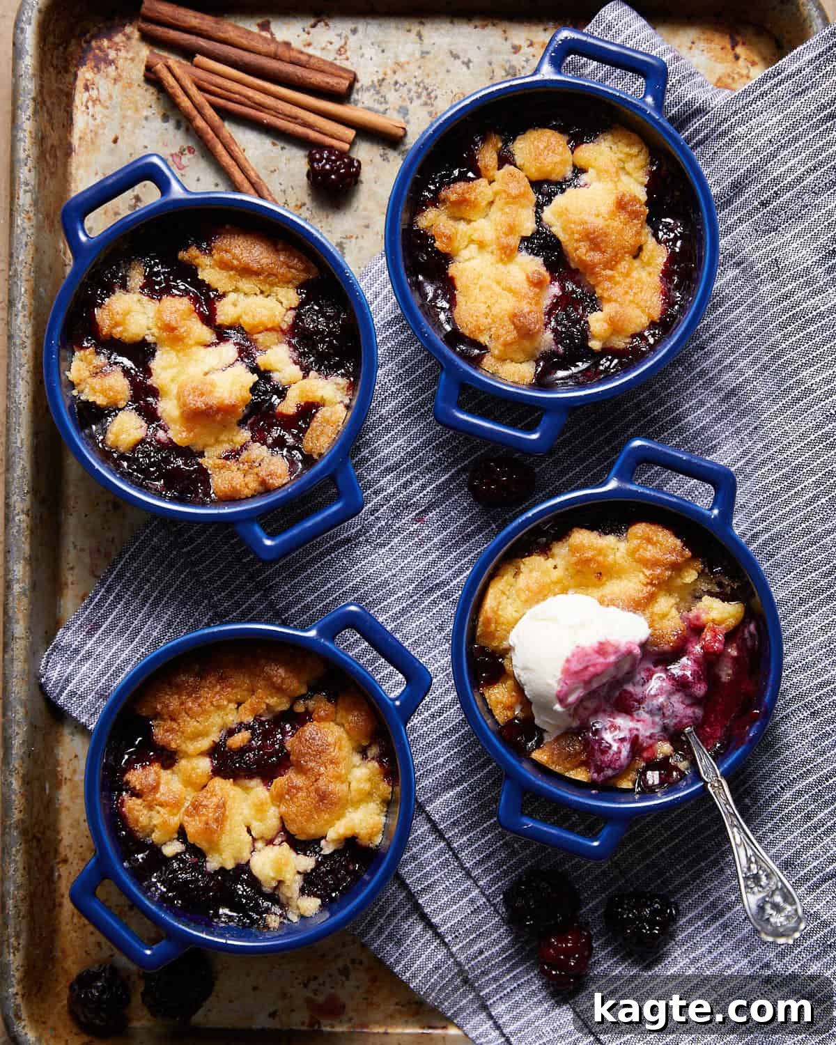 Delicious individual Air Fryer Blackberry Cobbler served in charming blue dishes, garnished with a sprig of mint and a scoop of melting vanilla ice cream.