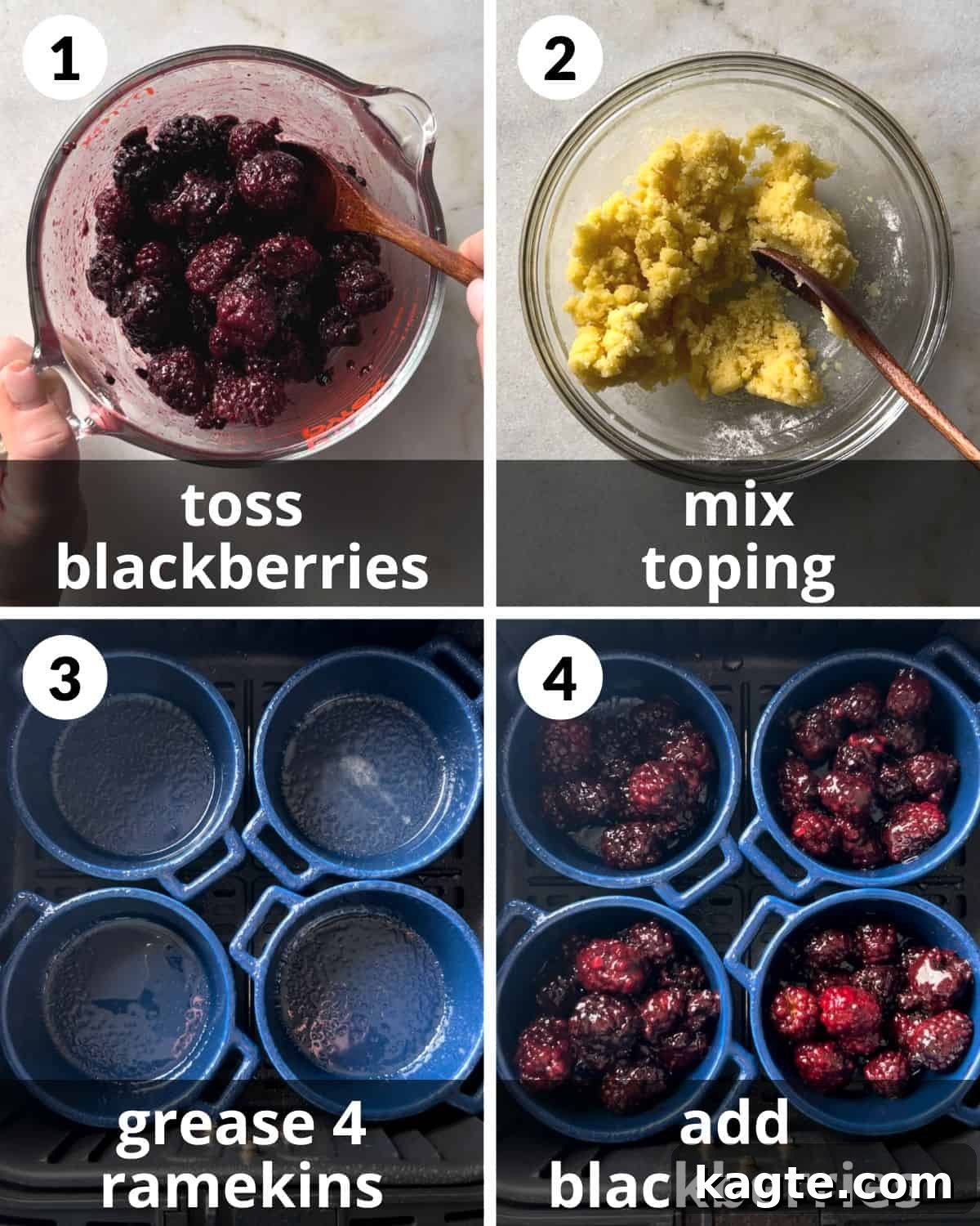A four-photo collage illustrating the preparation process of Air Fryer Blackberry Cobbler, from mixing the fruit to preparing the topping ingredients.