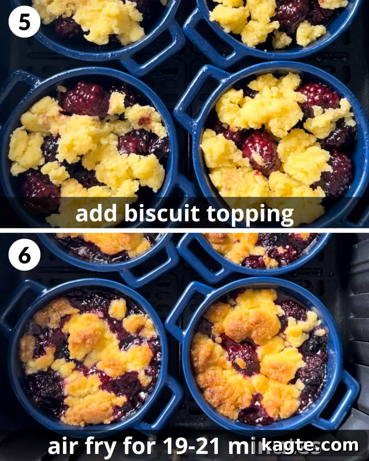 A two-photo collage demonstrating the final assembly of Air Fryer Blackberry Cobbler: topping the fruit with biscuit dough and readying them for the air fryer.
