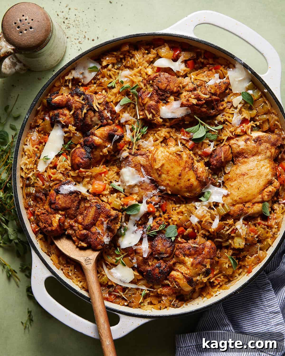 Golden Comfort Dutch Oven Chicken and Rice 2 Overhead image of Dutch oven chicken and rice recipe.
