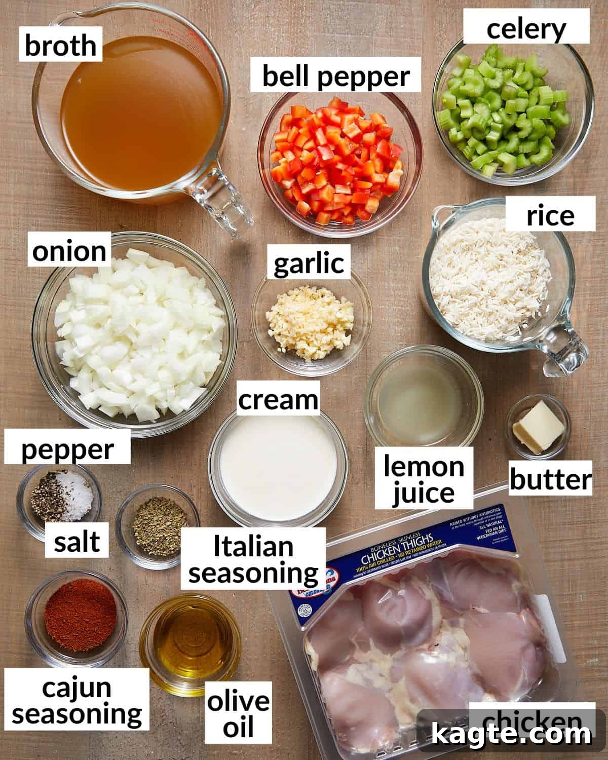 Golden Comfort Dutch Oven Chicken and Rice 3 Overhead image of ingredients needed to make Dutch oven chicken and rice.