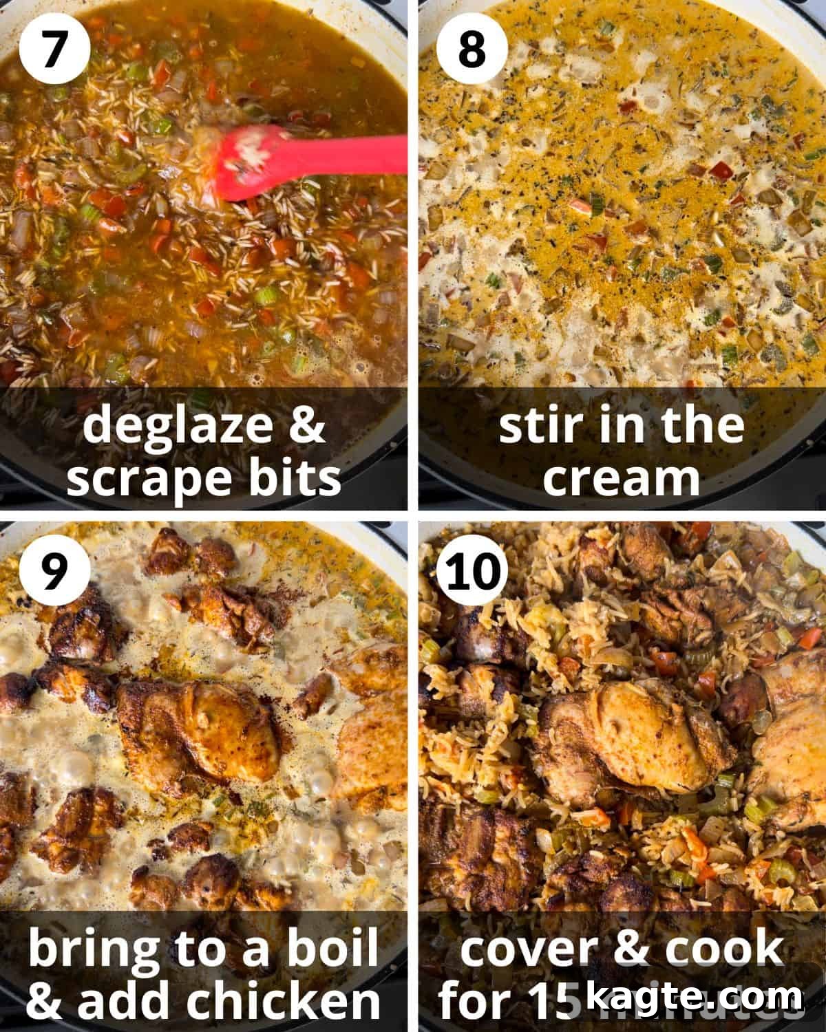 Golden Comfort Dutch Oven Chicken and Rice 5 A four photo collage showing the final steps for Dutch oven chicken and rice.
