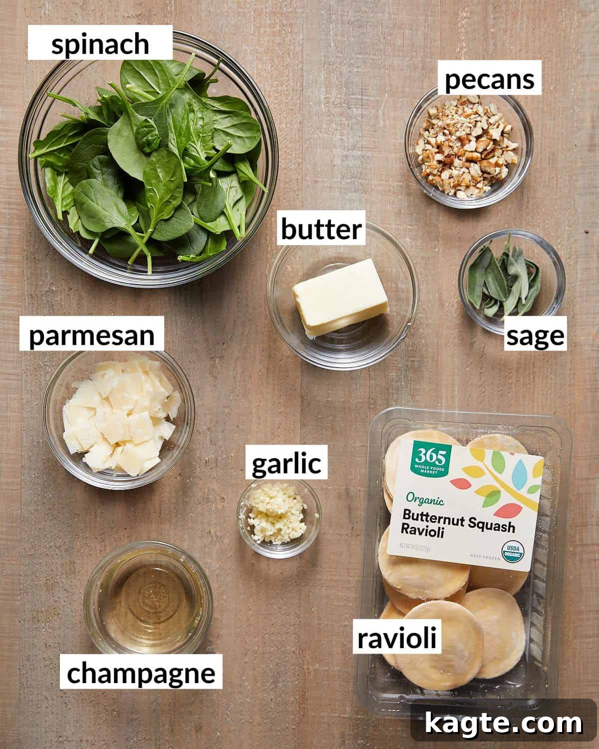 Velvety Butternut Squash Ravioli Sauce 3 Overhead image of ingredients needed for butternut squash ravioli sauce.