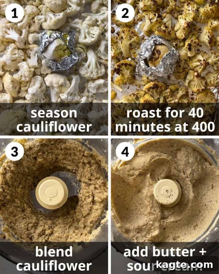 Creamy Roasted Cauliflower Puree 4 A visual collage showing the step-by-step process of preparing roasted mashed cauliflower, from roasting to blending.
