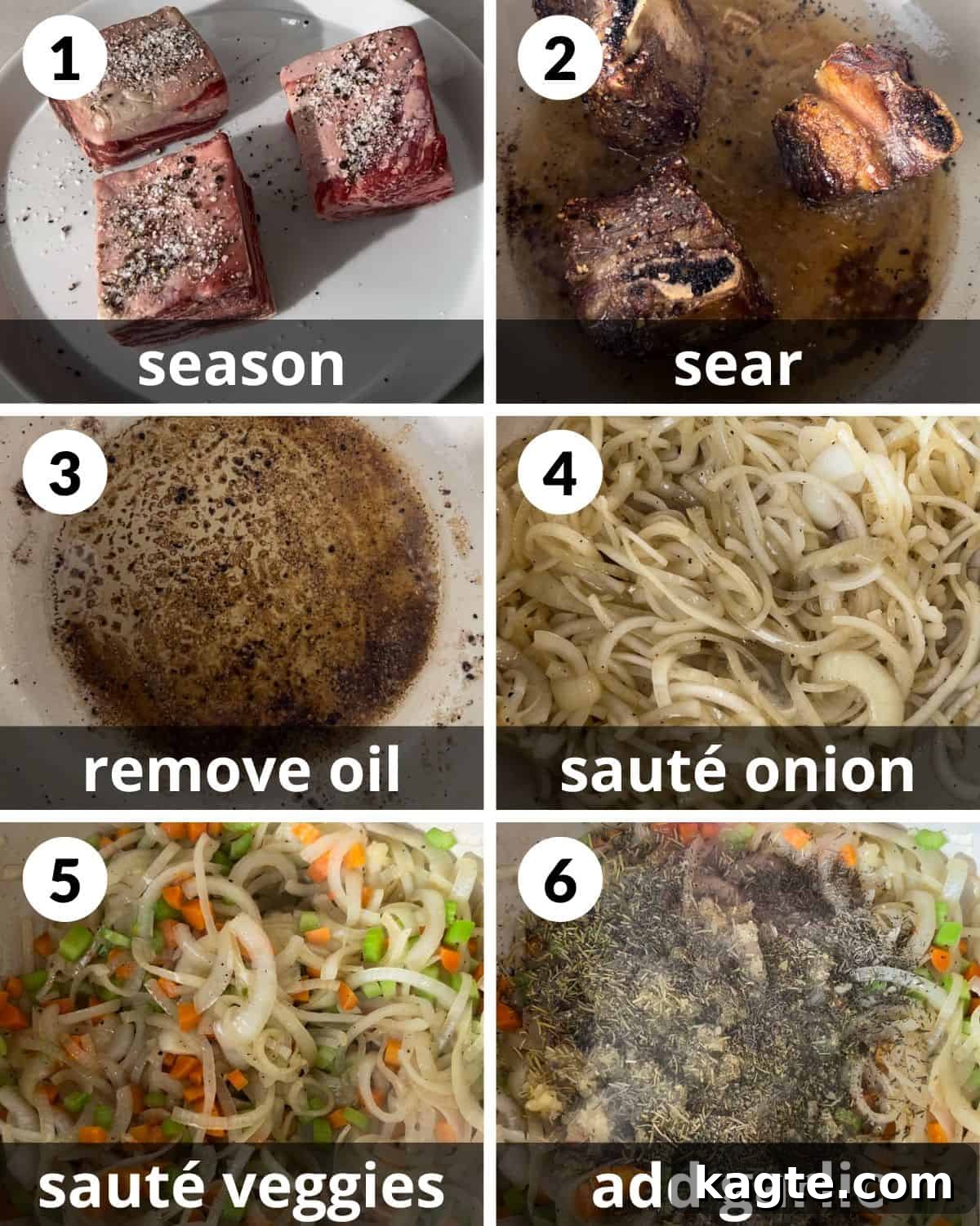 Slow-Braised Red Wine Short Ribs 4 A 6-photo collage illustrating the initial steps of preparing red wine short ribs, including searing the meat and sautéing vegetables.