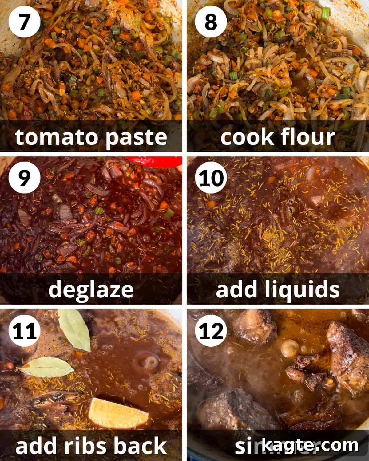 Slow-Braised Red Wine Short Ribs 5 A 6-photo collage illustrating the final steps of preparing red wine short ribs, including adding liquids and simmering.