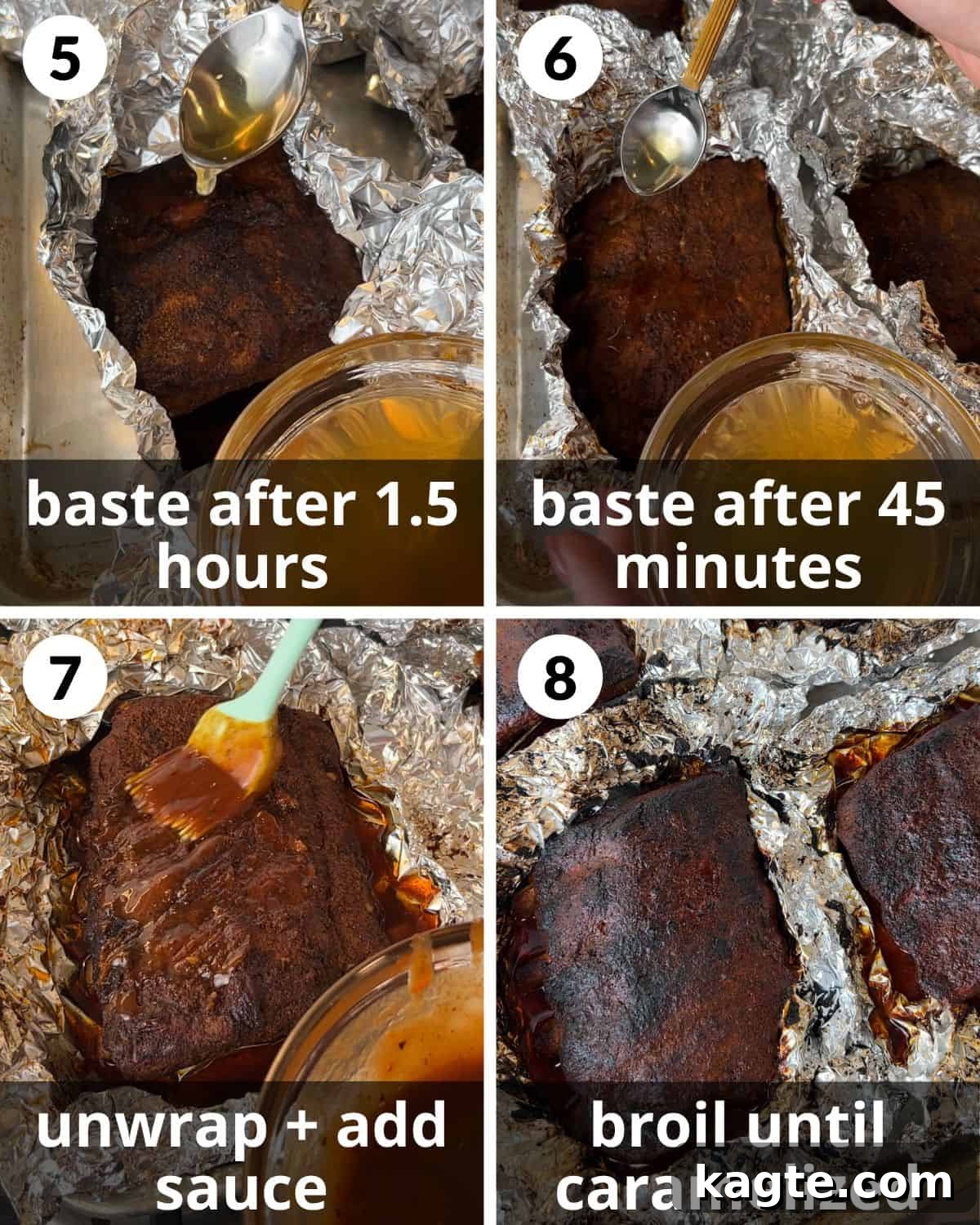 Fall-Off-The-Bone Oven Ribs 5 A 4 photo collage showing the final assembly of baby back ribs.