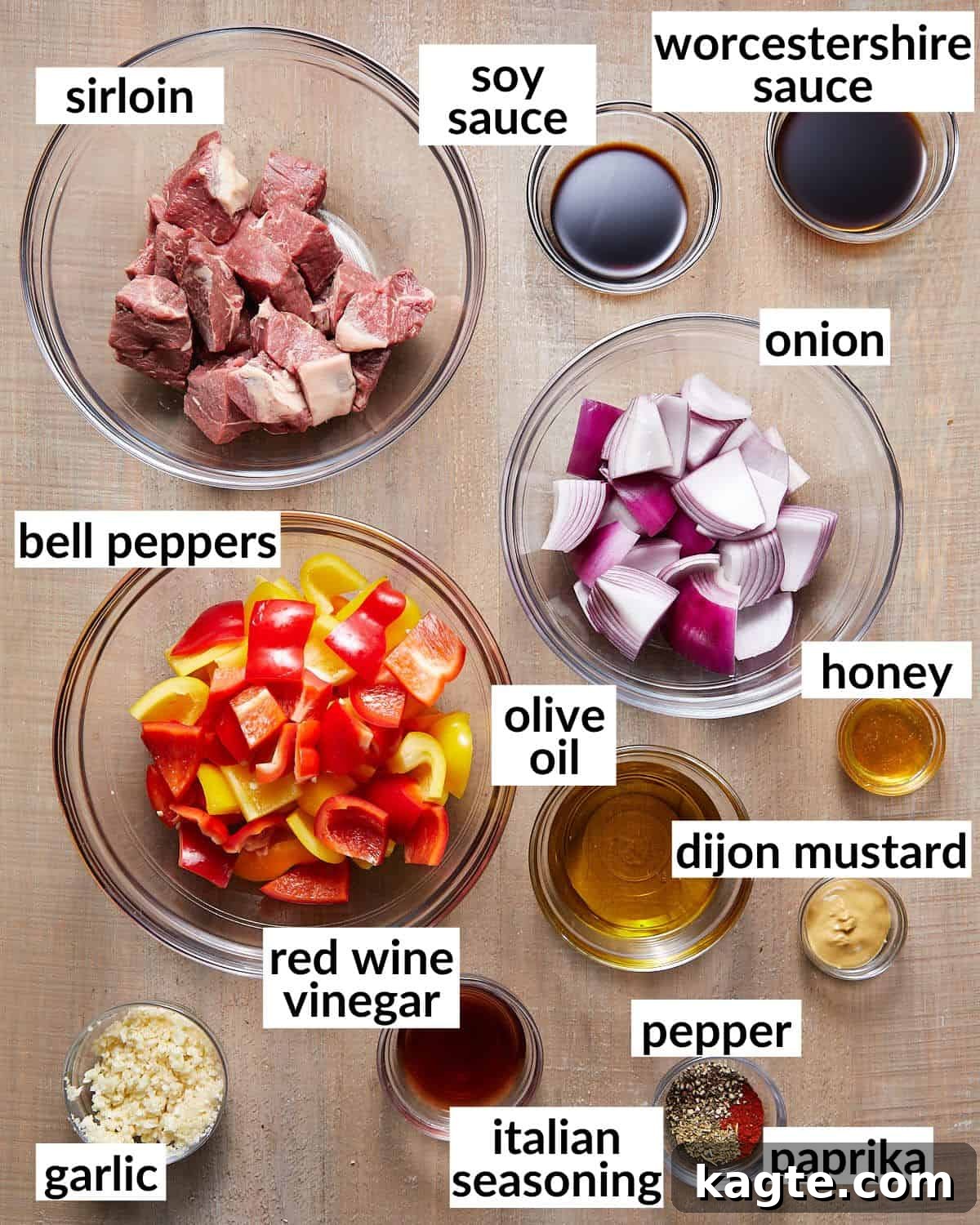Tender Oven-Baked Beef Skewers 3 Overhead image of ingredients needed for beef kabobs.