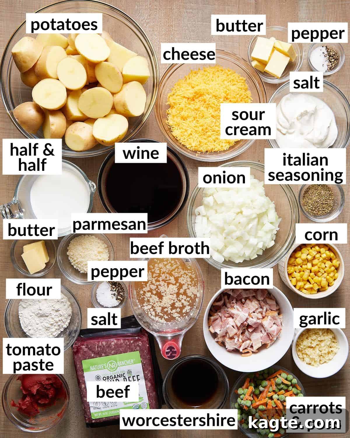Rustic Dutch Oven Shepherd's Pie 3 An overhead image showcasing all the fresh and essential ingredients neatly arranged for making Dutch Oven Shepherd's Pie.