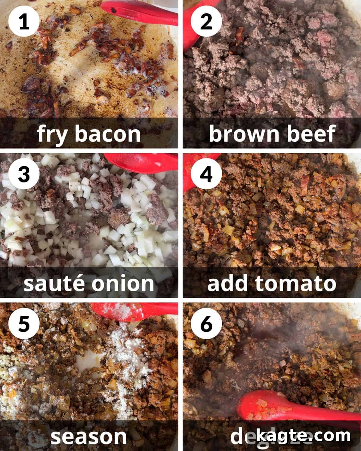 Rustic Dutch Oven Shepherd's Pie 4 A 6-photo collage illustrating the initial steps of assembling Dutch Oven Shepherd's Pie, from frying bacon to deglazing with red wine.