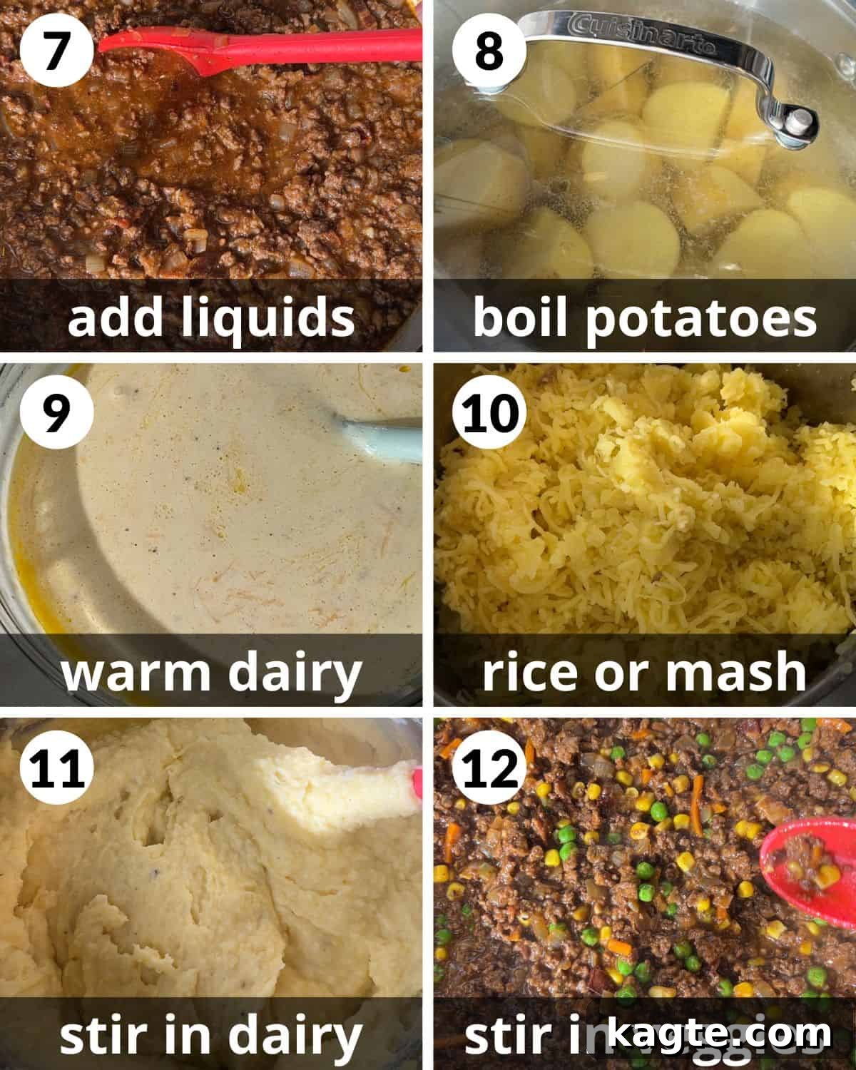 Rustic Dutch Oven Shepherd's Pie 5 A 6-photo collage illustrating further steps of preparing Shepherd's Pie, focusing on simmering the meat and preparing the mashed potatoes.