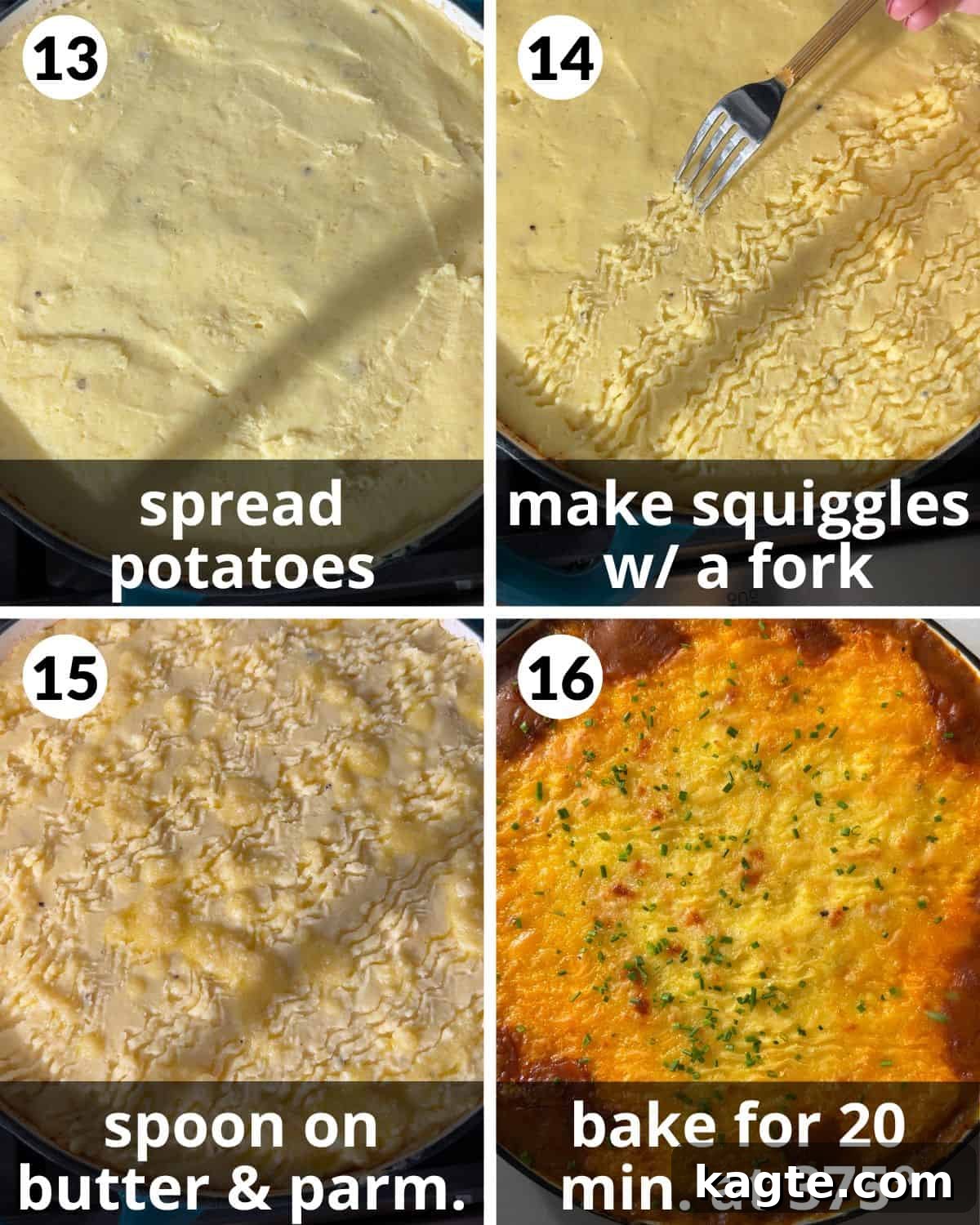 Rustic Dutch Oven Shepherd's Pie 6 A 4-photo collage demonstrating the final assembly steps of Dutch Oven Shepherd's Pie, including spreading potatoes and adding the Parmesan butter topping.