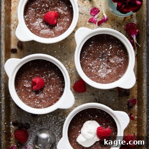 A beautifully plated mini flourless chocolate cake with a dusting of cocoa powder and fresh raspberries.