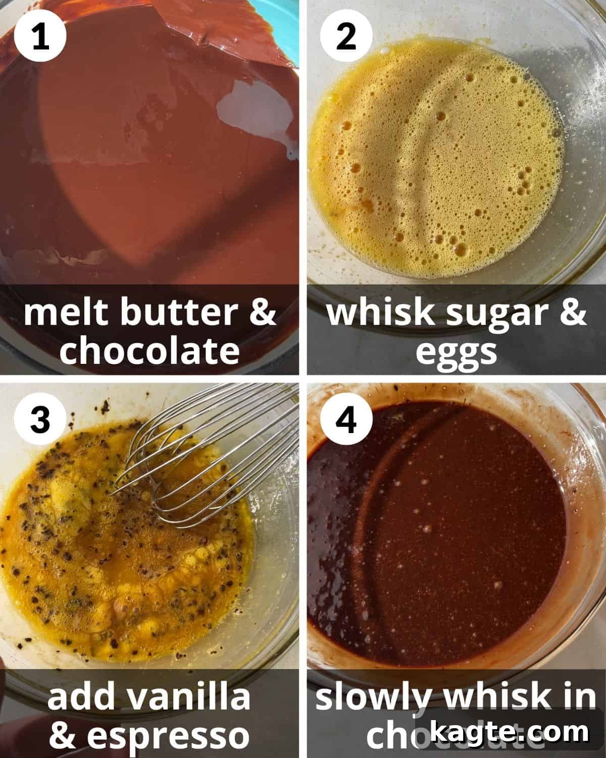 A four-photo collage demonstrating the initial steps of assembling mini flourless chocolate cakes: melting chocolate, whisking eggs and sugar, and combining mixtures.