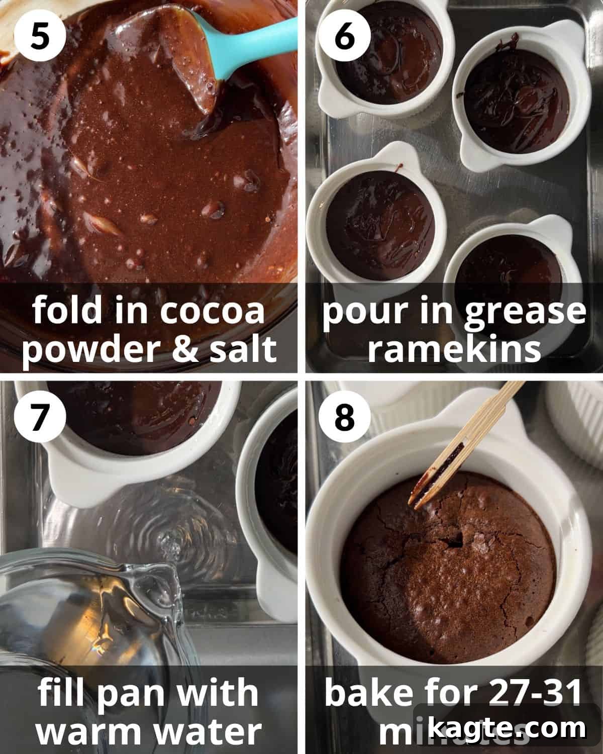 A four-photo collage demonstrating the final steps of baking mini flourless chocolate cakes: folding in cocoa, pouring into ramekins, setting up a water bath, and the finished baked cakes.