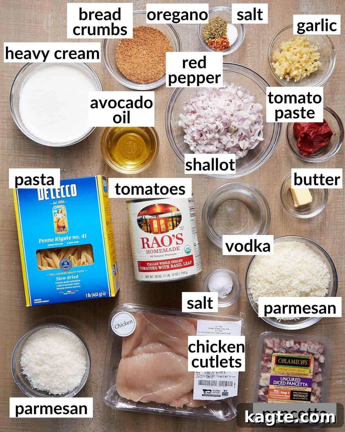 Overhead image of ingredients needed to make penne alla vodka with chicken. 