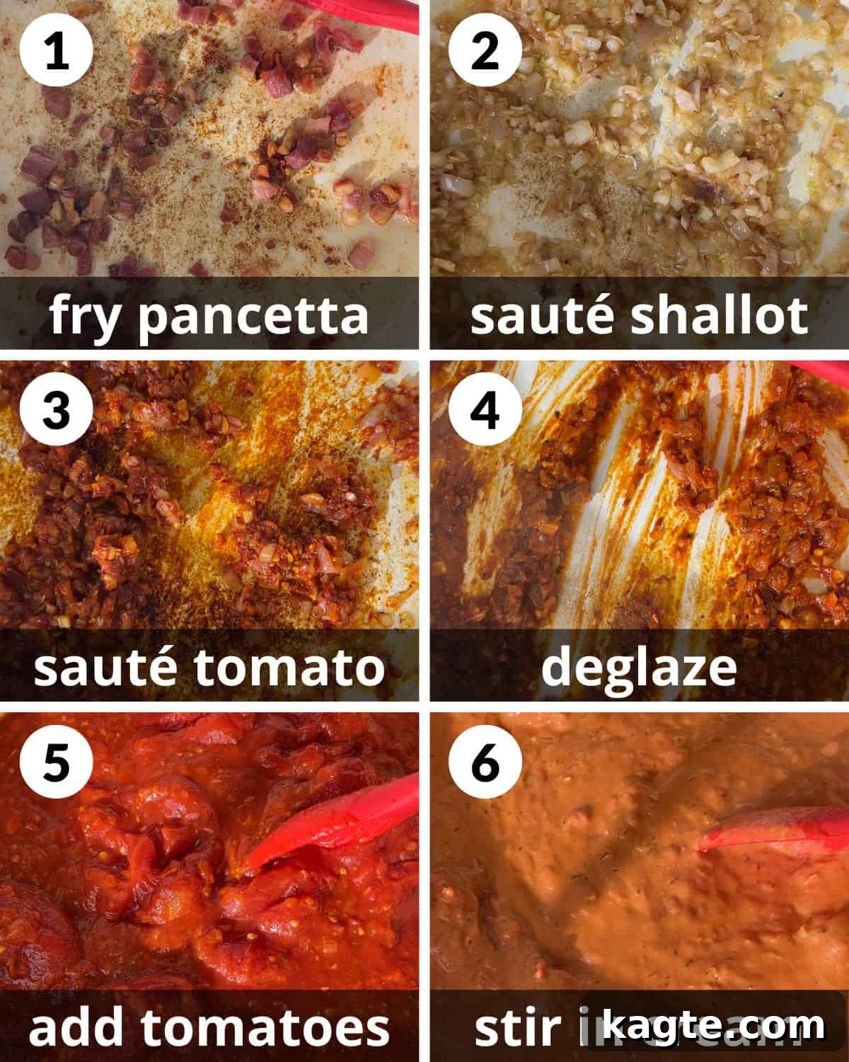 A 6 photo collage showing the first six steps for penne alla vodka with chicken. 
