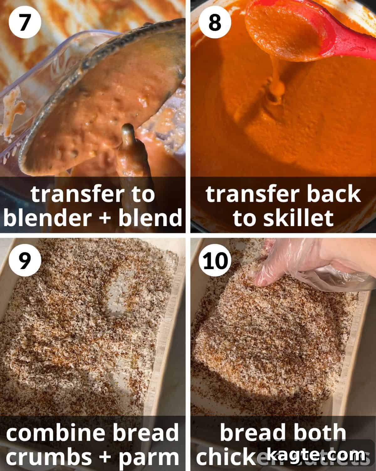 A four pholo collage showing next steps for penne alla vodka with chicken. 