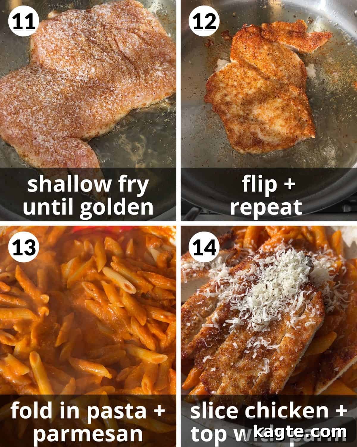 A four photo collage showing the final steps for penne alla vodka with chicken. 