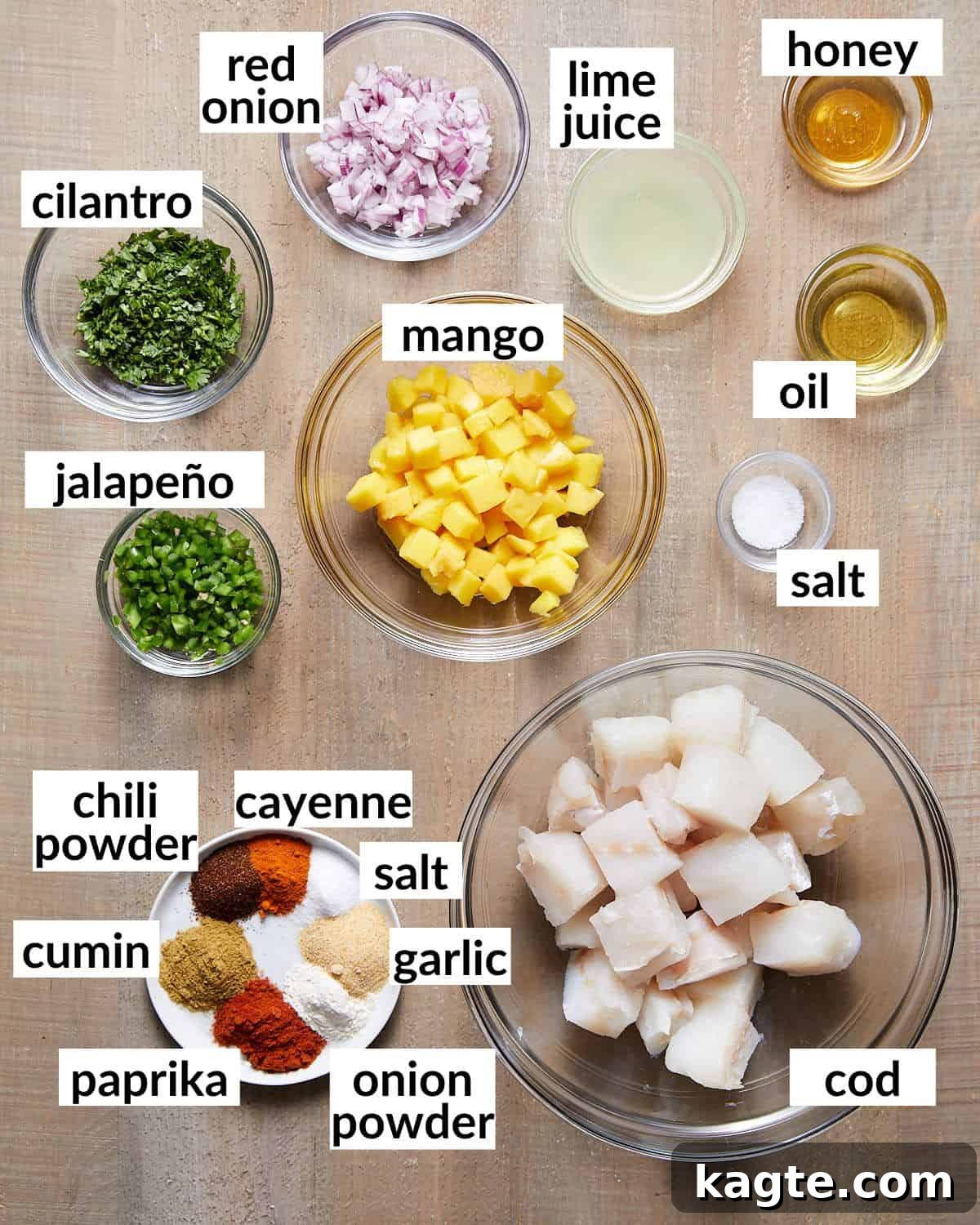 Mango Tango Fish Tacos 3 An overhead image of ingredients needed for fish tacos and mango salsa.