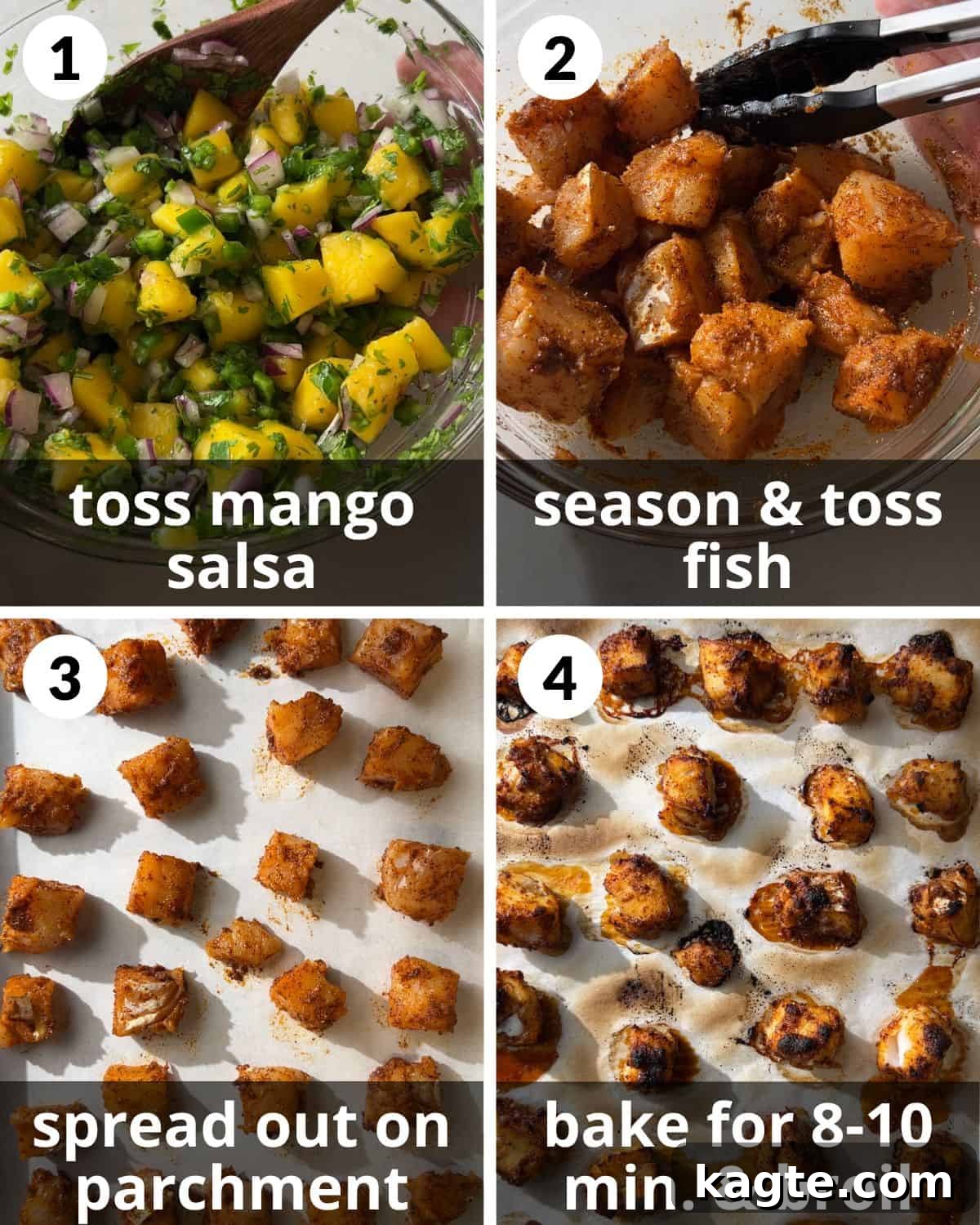 Mango Tango Fish Tacos 4 A 4 photo collage showing the assembly of fish tacos and mango salsa.