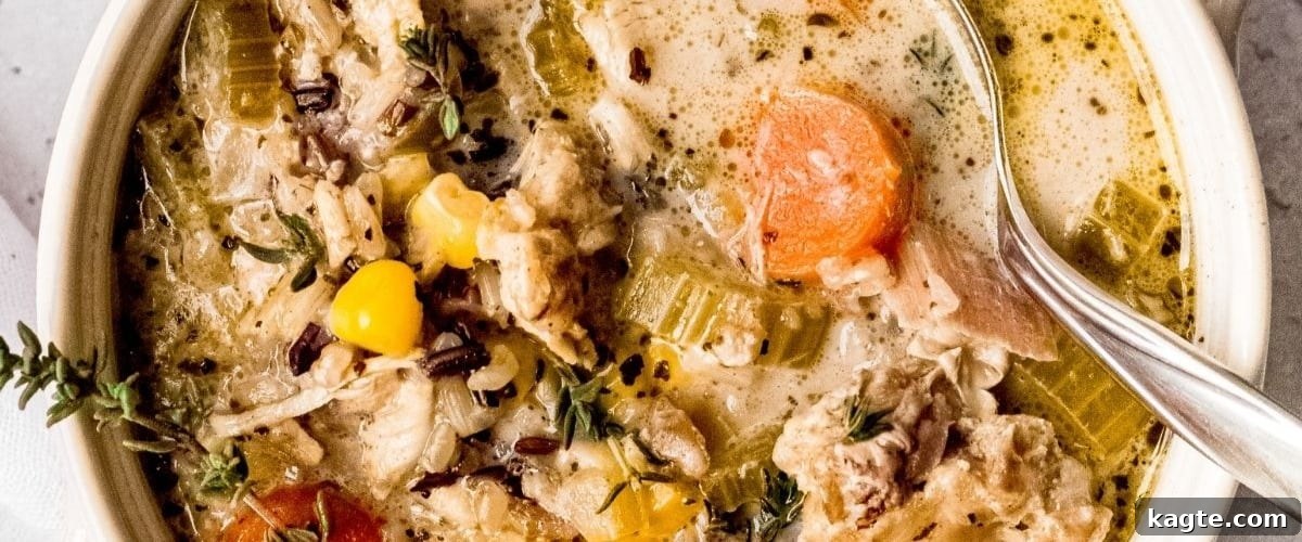 25 Hassle-Free Boneless Chicken Thigh Ideas 19 Comforting Instant Pot chicken and rice soup, served in a white bowl with fresh garnish.
