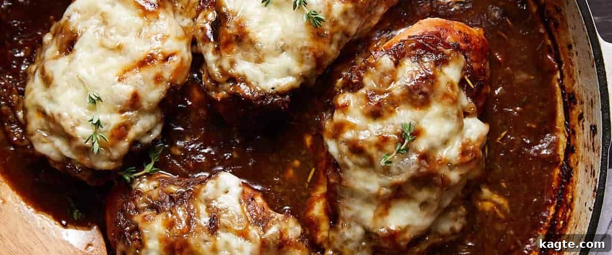 25 Hassle-Free Boneless Chicken Thigh Ideas 4 A delectable French onion chicken bake served in a rustic Dutch oven.