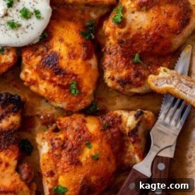 Baked Buffalo Chicken Thighs, perfectly coated in a spicy sauce.
