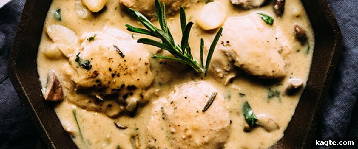 25 Hassle-Free Boneless Chicken Thigh Ideas 10 Creamy one-pan chicken and potatoes served in a black dish, garnished for presentation.