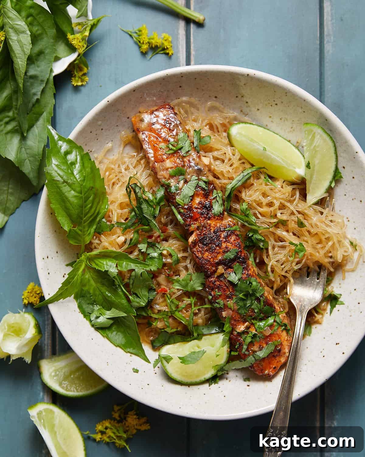 Overhead image of coconut lime salmon on white dish with garnish.