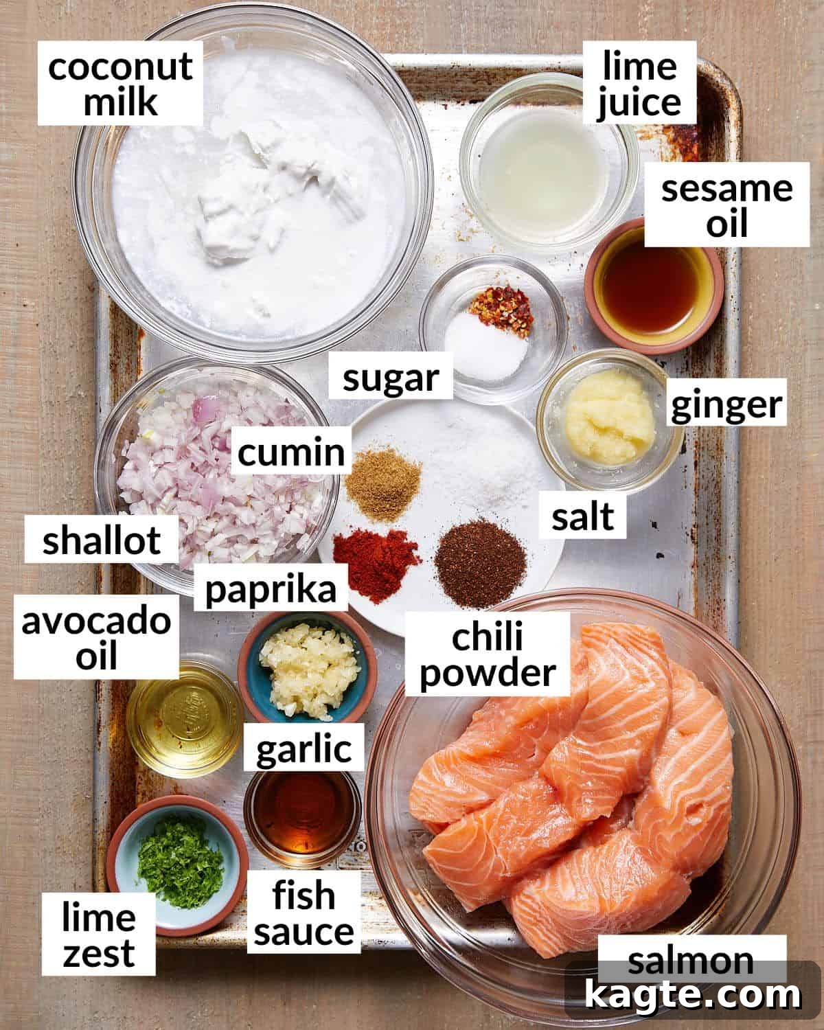 An overhead image of ingredients for coconut lime salmon. 