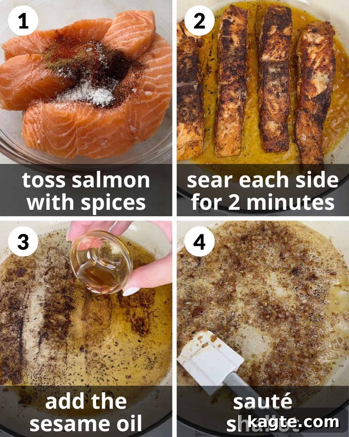 A 4 photo collage showing the assembly of coconut lime salmon. 