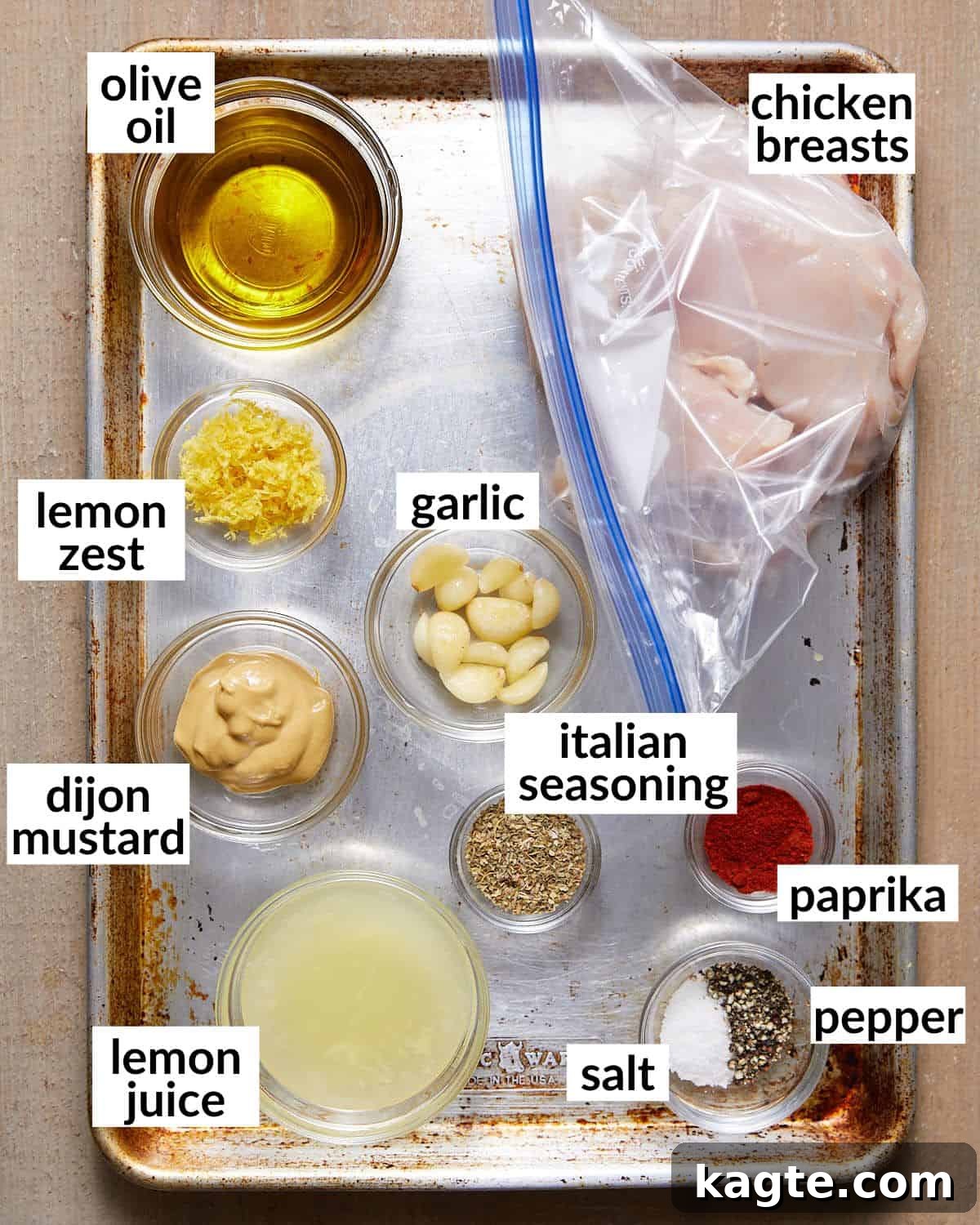 Overhead shot showcasing all ingredients for lemon chicken marinade.