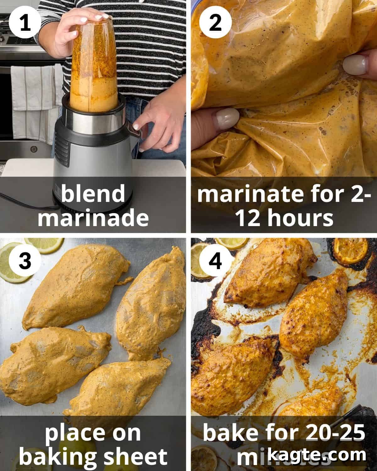 A four-photo collage demonstrating the assembly process of the lemon chicken marinade.