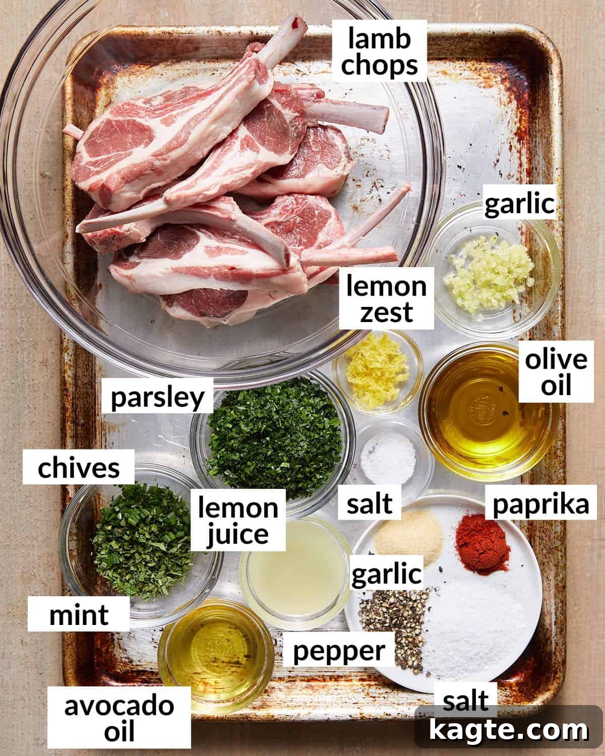 Sizzling Cast Iron Lamb Chops 3 Overhead image of ingredients needed for cast iron skillet lamb chops.