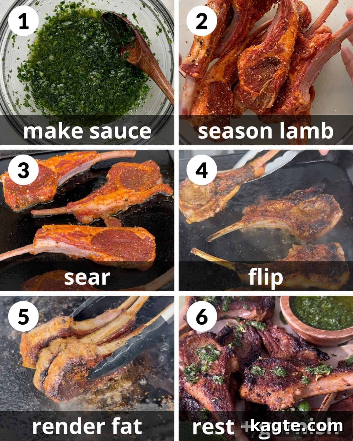 Sizzling Cast Iron Lamb Chops 4 A 6 photo collage showing the assembly of lamb chops in cast iron skillet.