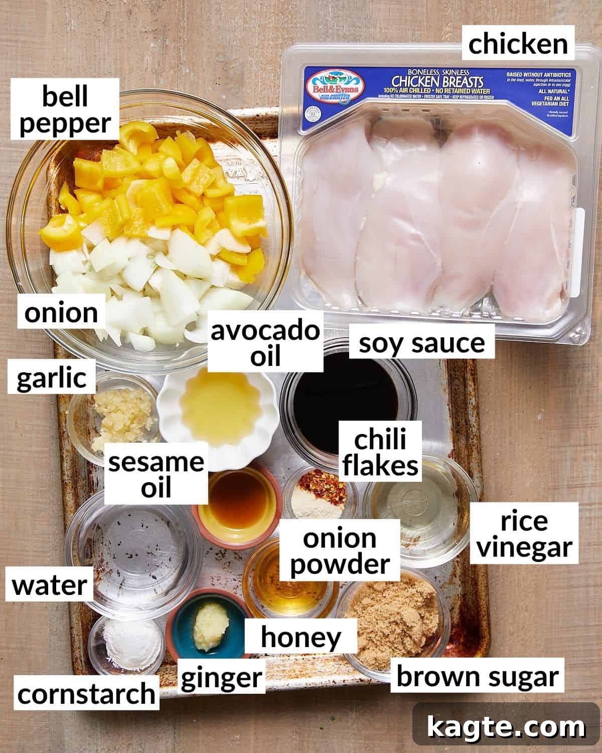 Overhead image of ingredients needed for homemade teriyaki chicken bowls, neatly arranged on a counter.