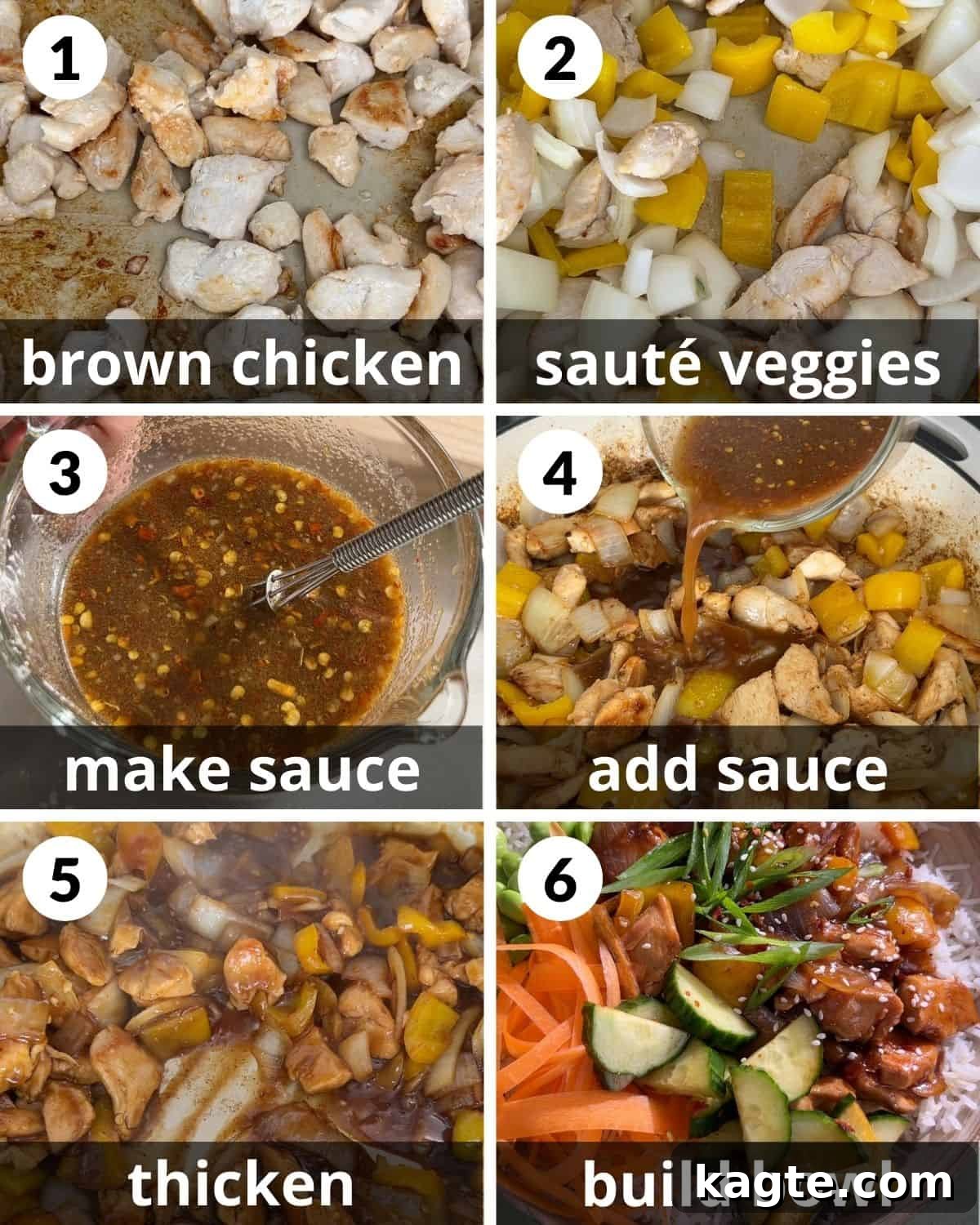 A 6 photo collage demonstrating the step-by-step assembly of a teriyaki chicken bowl, from cooking to garnishing.