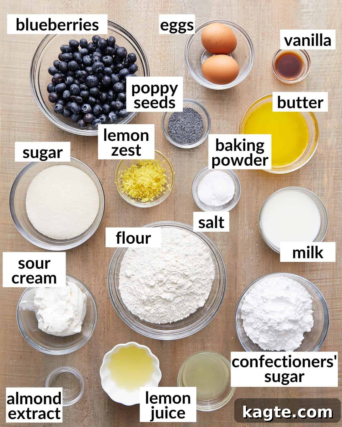 Overhead image of all ingredients meticulously laid out for making blueberry lemon poppy seed muffins.