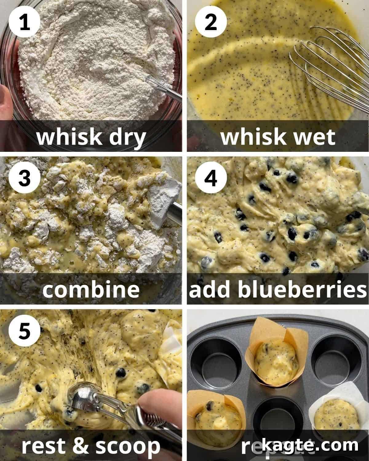 A 6-photo collage demonstrating the initial steps of preparing blueberry lemon poppy seed muffin batter: mixing dry, mixing wet, combining, adding blueberries, resting.