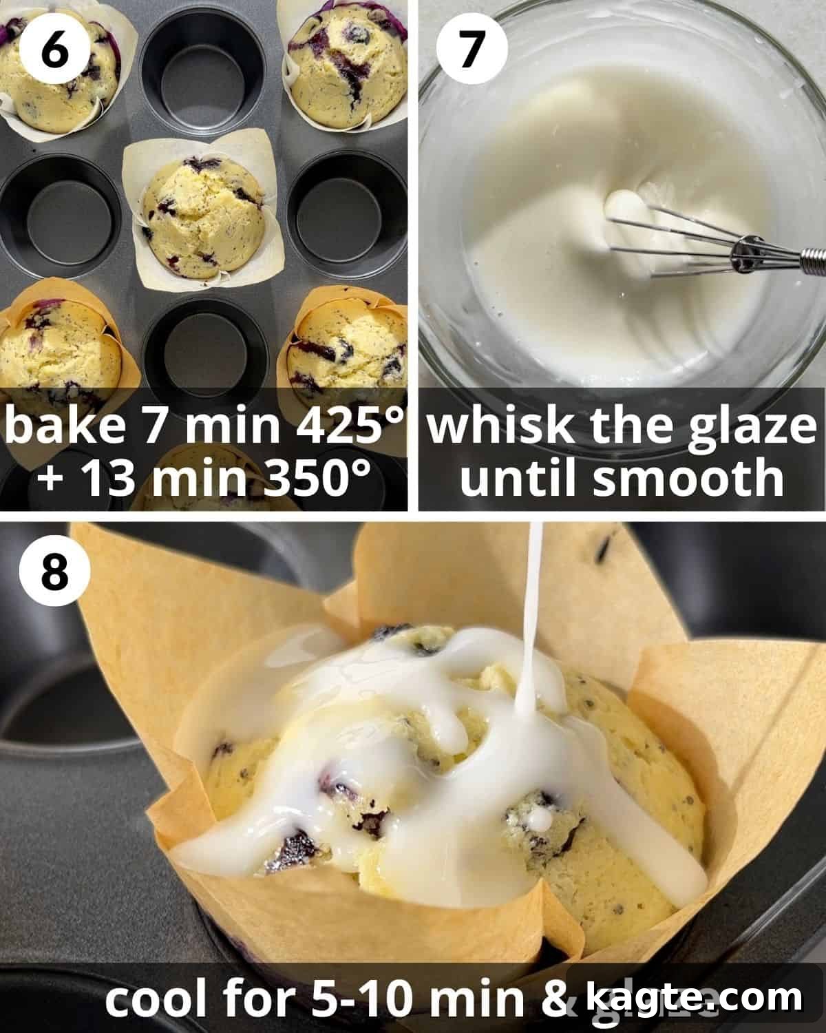 A 3-photo collage showing baked muffins in the pan, drizzled with glaze, and a close-up of a finished muffin.