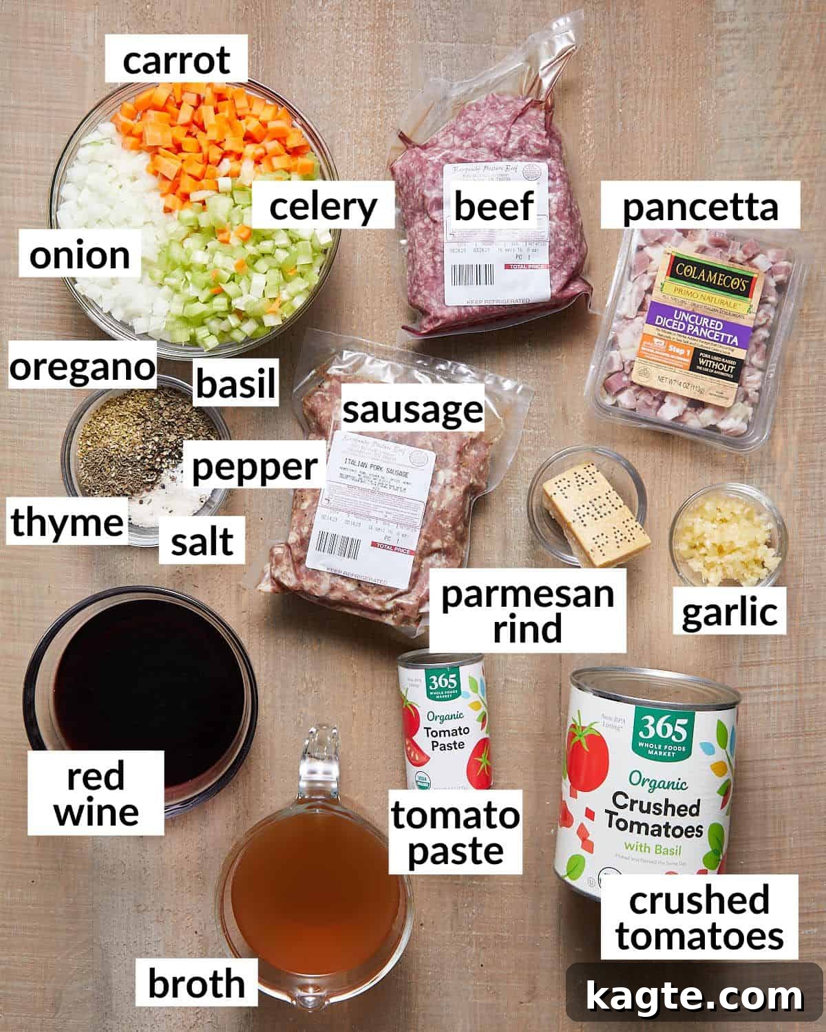 Creamy Béchamel Lasagna 3 Overhead image of bolognese ingredients.