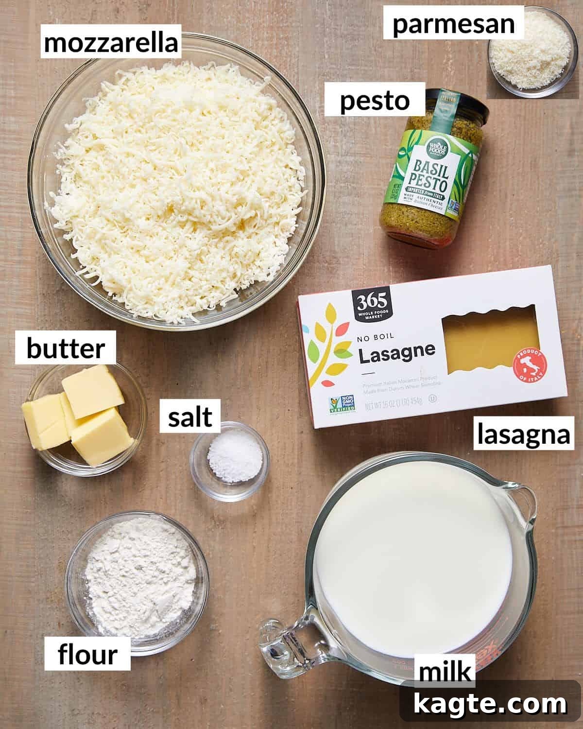 Creamy Béchamel Lasagna 4 Overhead image of bechamel ingredients.
